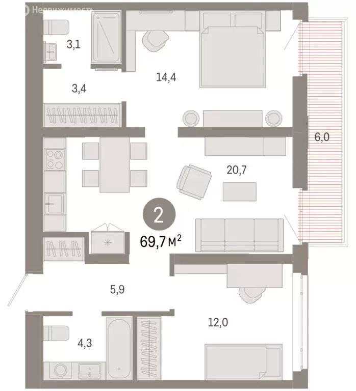 2-комнатная квартира: Тюмень, улица Республики, 205к3 (69.68 м) - Фото 2