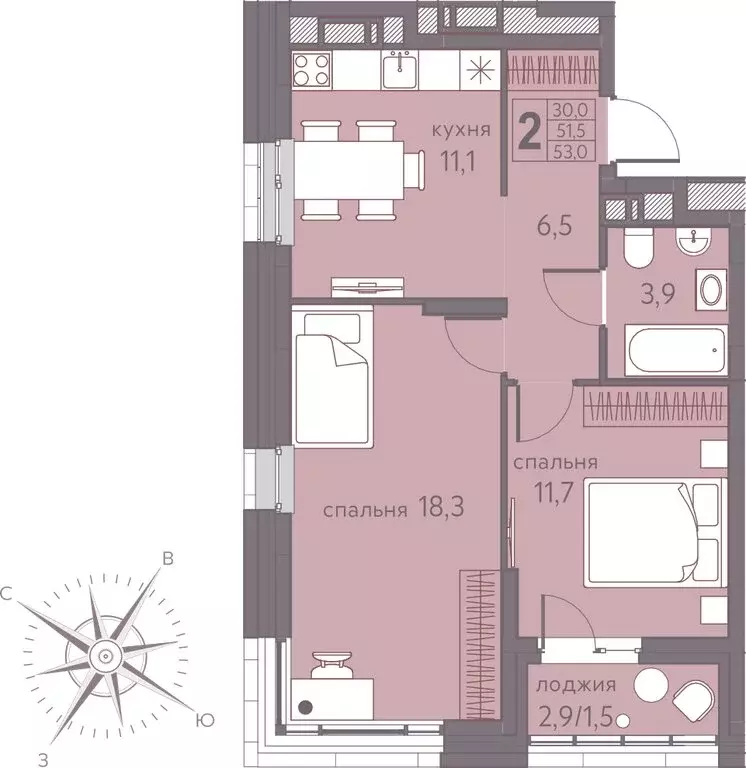 2-комнатная квартира: Пермь, Серебристая улица, 7 (53 м) - Фото 1