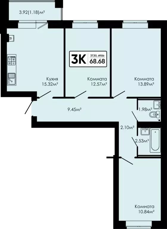 3-к квартира, 68.68 м - Фото 0