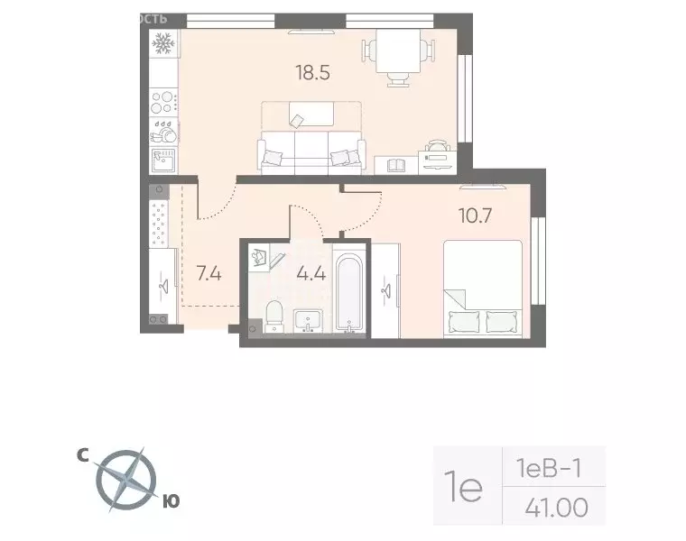 1-комнатная квартира: посёлок Шушары, ЖК Пулково Lake (41 м) - Фото 1