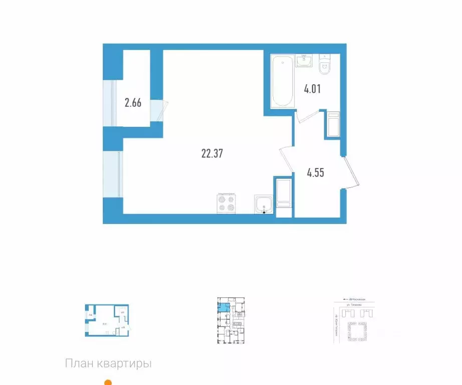 Студия Санкт-Петербург ул. Типанова, 22 (33.0 м) - Фото 2