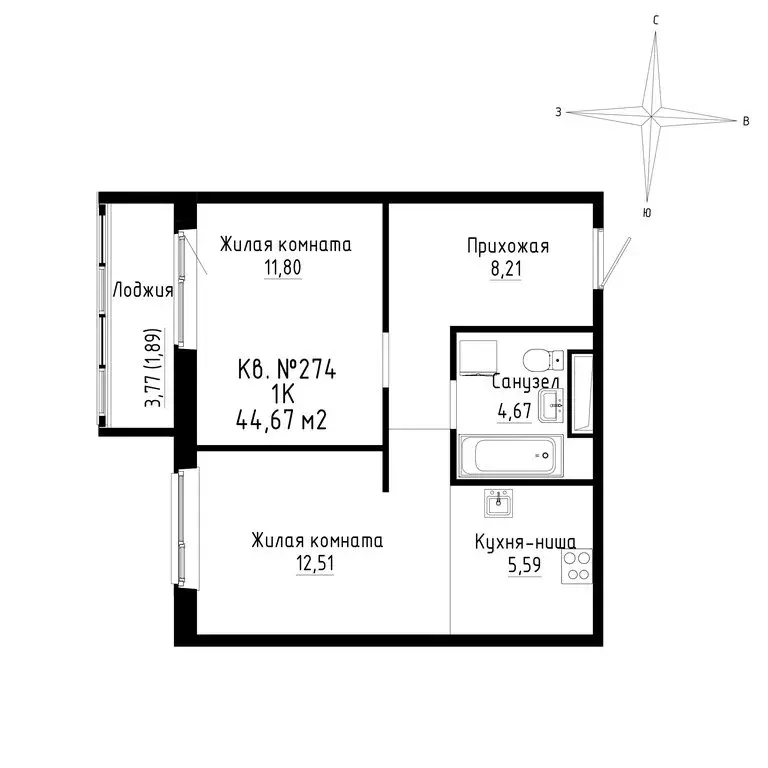 2-комнатная квартира: Новый, ЖК ДНС Сити (44.67 м) - Фото 0