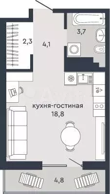 Квартира-студия, 31,3 м, 7/18 эт. - Фото 1