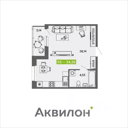 Студия Архангельская область, Архангельск 6-й мкр,  (34.26 м) - Фото 0