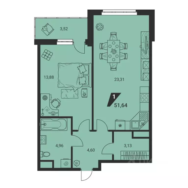 2-к кв. Свердловская область, Екатеринбург ул. Громова, 26/3 (51.3 м) - Фото 2