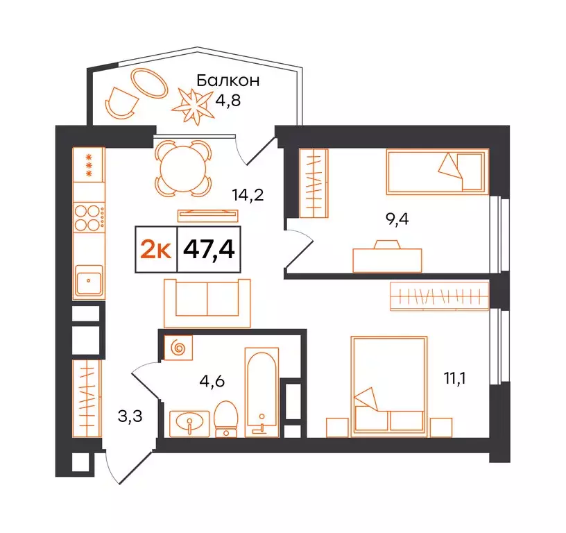 2-комнатная квартира: Екатеринбург, улица Патриса Лумумбы, 54 (47.4 м) - Фото 1