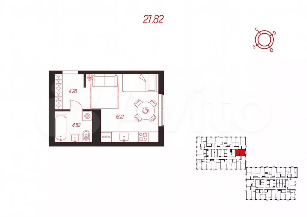 Квартира-студия, 27,8м, 6/16эт. - Фото 1