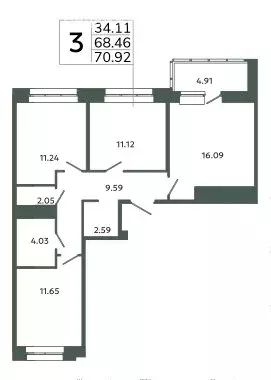 3-комнатная квартира: Новоселье, ЖК Загляденье (70.92 м) - Фото 0