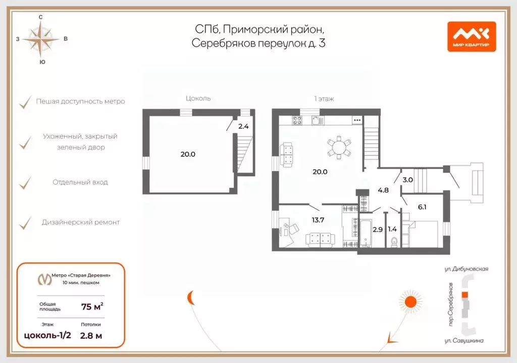4-к кв. Санкт-Петербург пер. Серебряков, 3 (74.0 м) - Фото 2