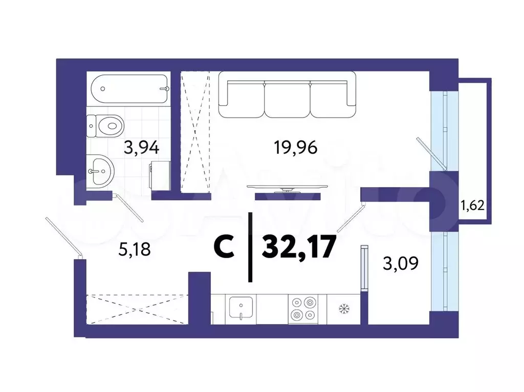 Квартира-студия, 32,2 м, 8/13 эт. - Фото 1