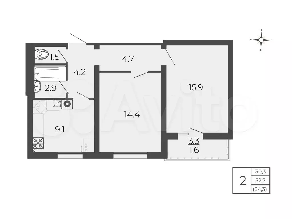 2-к. квартира, 54,3 м, 4/5 эт. - Фото 0