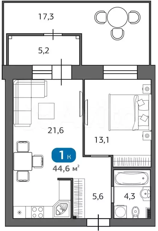 1-к. квартира, 44,6 м, 1/6 эт. - Фото 0