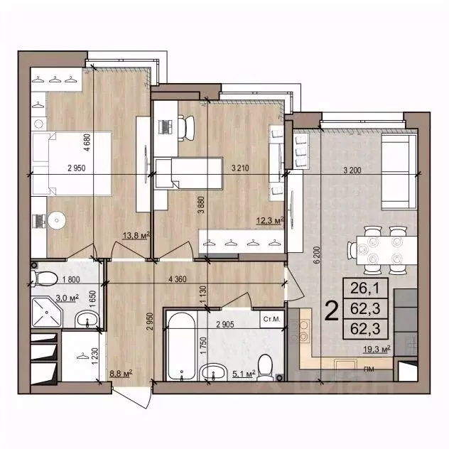 2-к кв. Рязанская область, Рязань ул. Новоселов, 33Б (62.3 м) - Фото 1