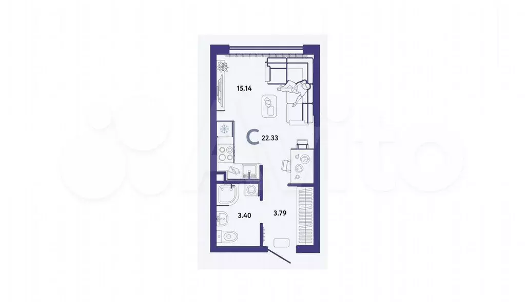 Квартира-студия, 22,3 м, 5/25 эт. - Фото 1