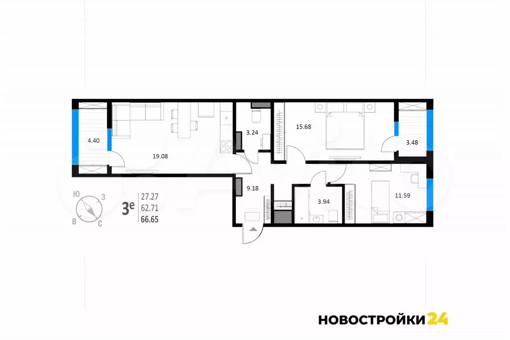 2-к. квартира, 66,7 м, 9/18 эт. - Фото 1