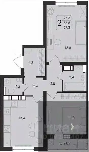 2-к кв. Воронежская область, Воронеж ул. Шишкова, 140Б/21 (57.3 м) - Фото 0