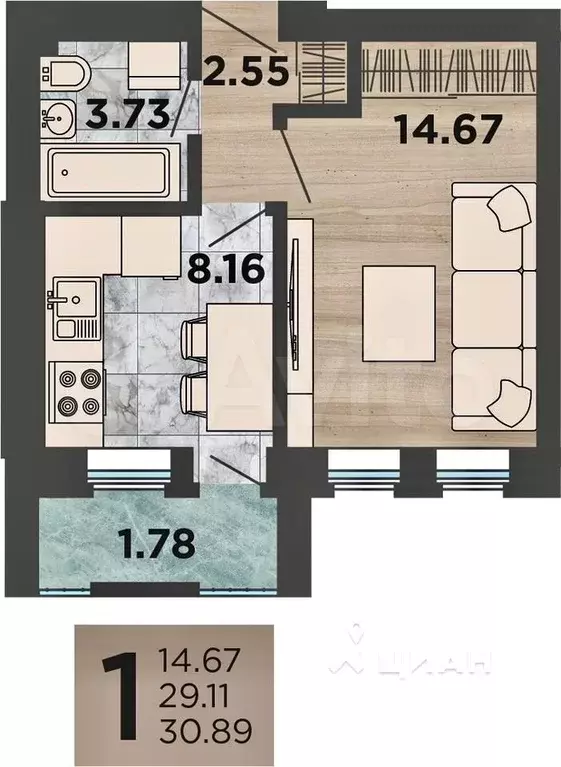 1-к. квартира, 31 м, 5/6 эт. - Фото 0