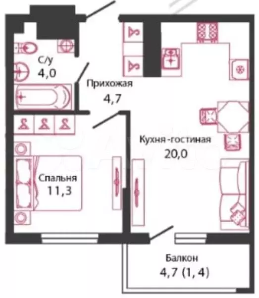 1-к. квартира, 41,4м, 15/23эт. - Фото 1