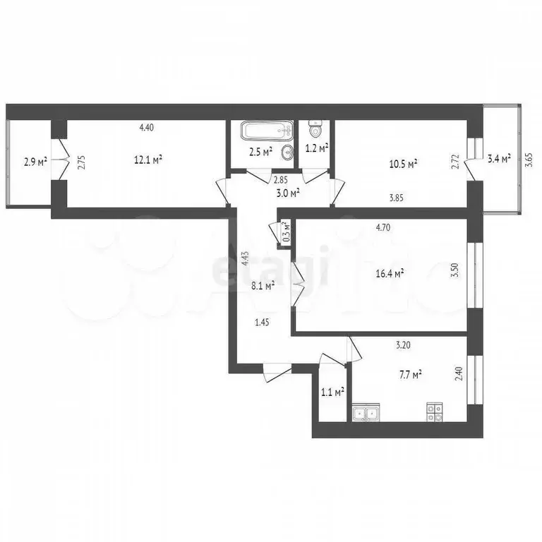 3-к. квартира, 62,9 м, 8/9 эт. - Фото 0