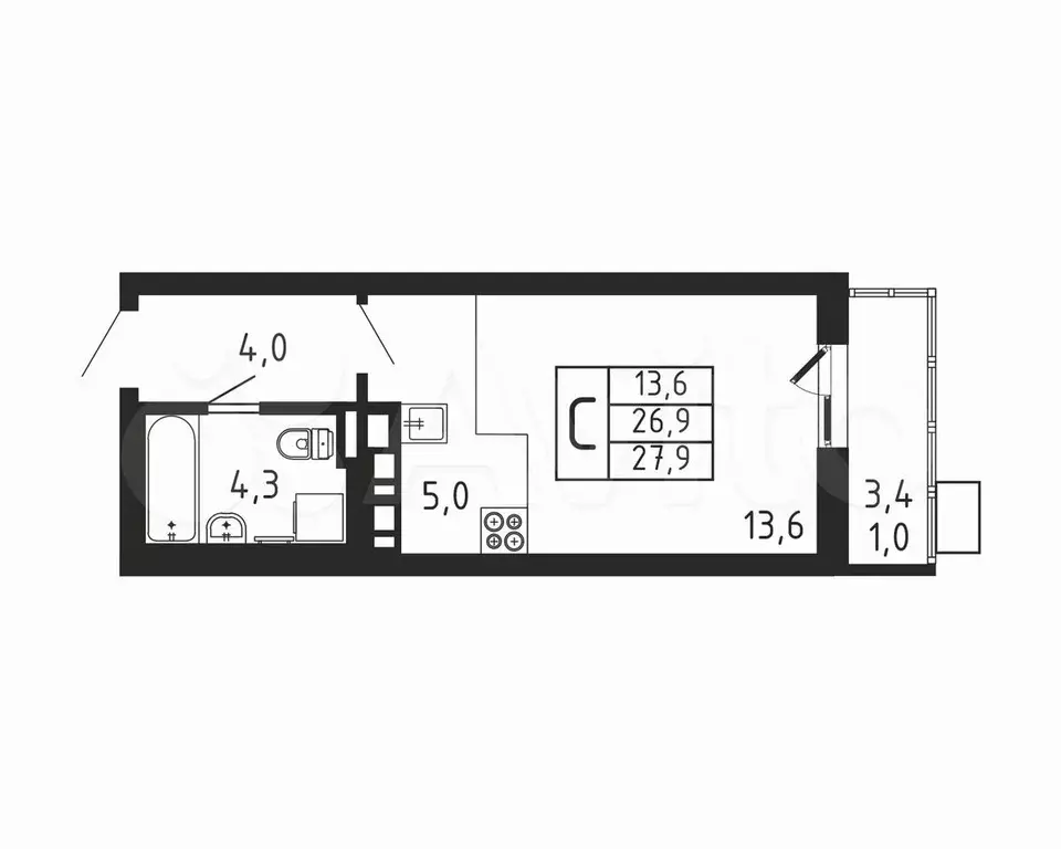 Квартира-студия, 27,9 м, 7/9 эт. - Фото 0