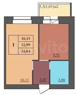 1-к. квартира, 34м, 3/9эт. - Фото 1