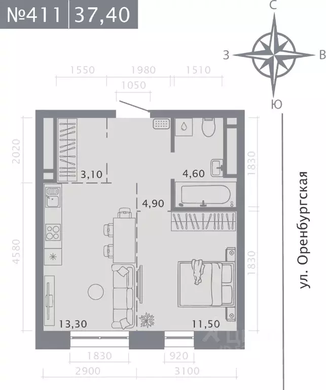 1-к кв. Татарстан, Казань ул. Шишкина (37.4 м) - Фото 1