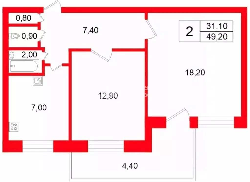 2-к кв. Санкт-Петербург просп. Луначарского, 37к2 (49.2 м) - Фото 2