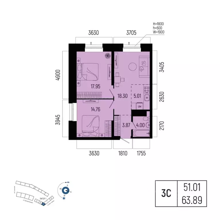 3-к кв. Башкортостан, Уфа Глумилино-1 мкр, Новатор жилой комплекс ... - Фото 0