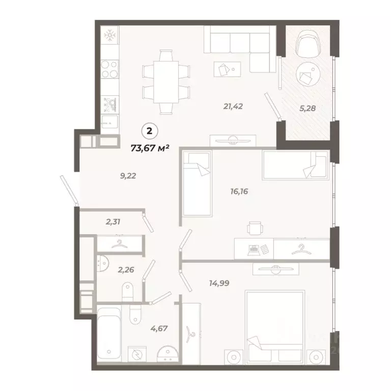2-к кв. Санкт-Петербург ул. Коли Томчака, 21Д (73.67 м) - Фото 0