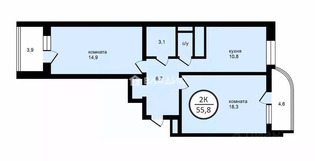 Квартира, 2 комнаты, 55.8 м - Фото 1