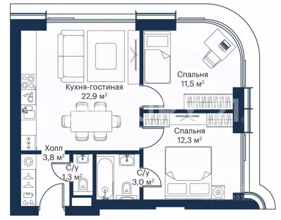 2-к кв. Москва Атлантик кв-л, Сити Бэй жилой комплекс (53.9 м) - Фото 1