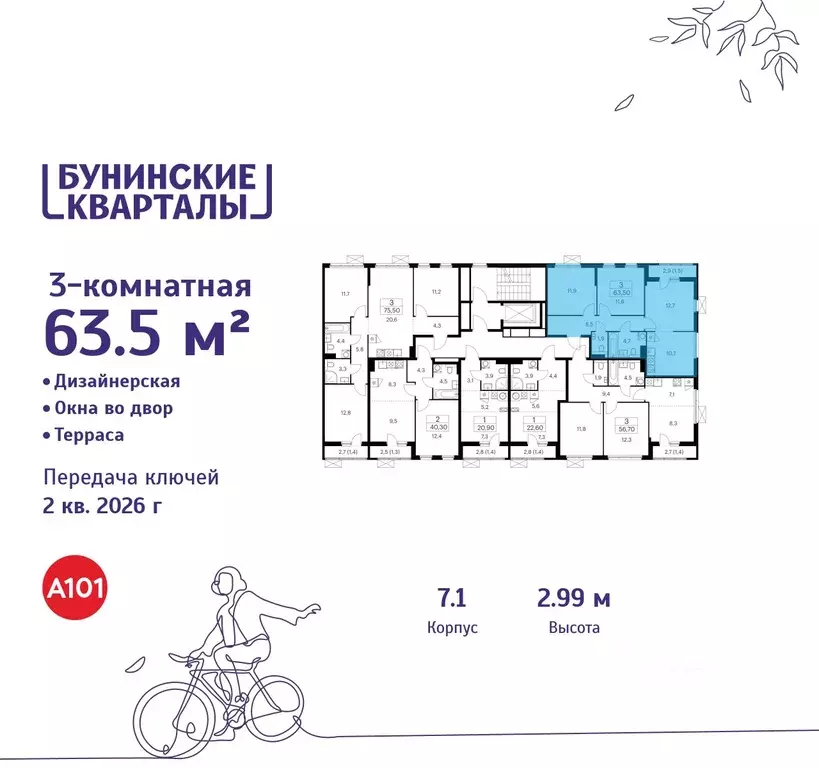 3-к кв. Москва Бунинские Кварталы жилой комплекс, 7.1 (63.5 м) - Фото 1