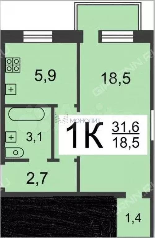 1-к. квартира, 32,2 м, 1/5 эт. - Фото 0