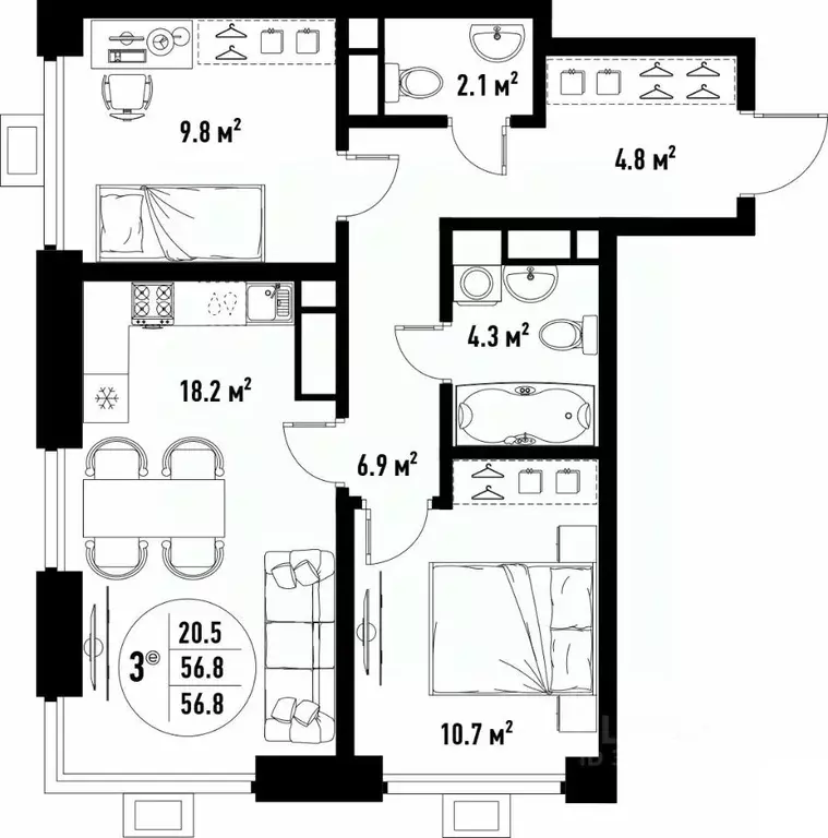 3-к кв. Астраханская область, Астрахань ул. Бэра, 29 (56.8 м) - Фото 2