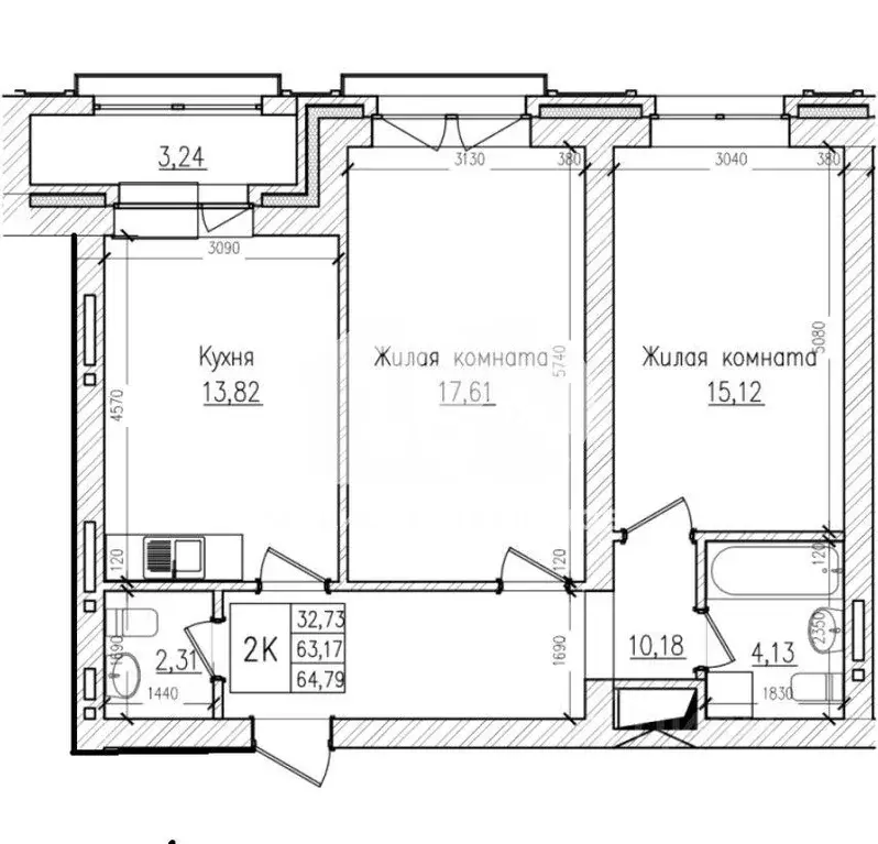 Квартира, 2 комнаты, 64 м - Фото 1