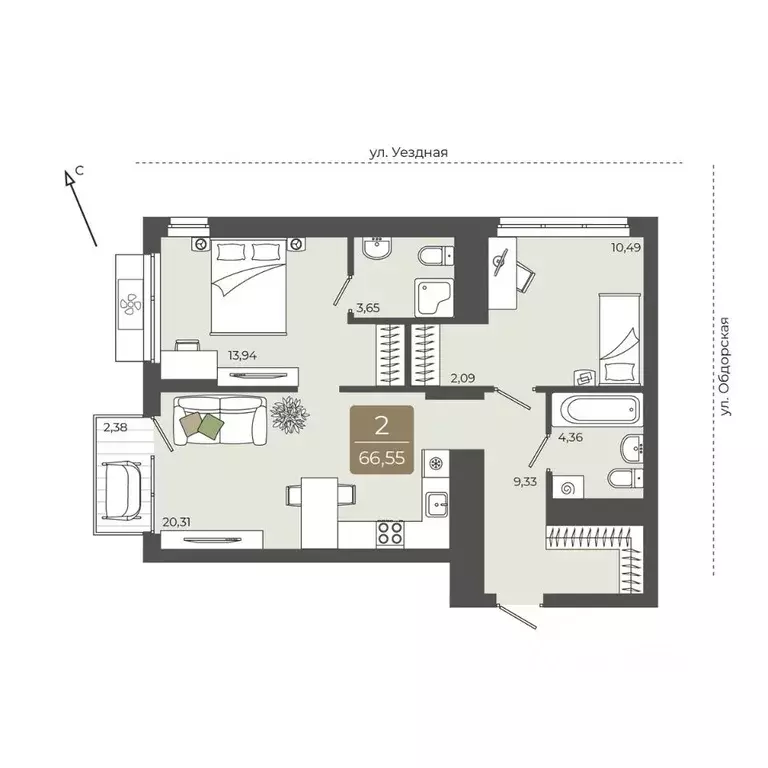 2-к кв. Тюменская область, Тюмень Тюменская Слобода мкр,  (66.99 м) - Фото 0