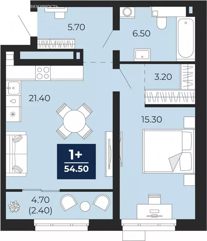1-комнатная квартира: Тюмень, улица Пожарных и Спасателей, 2к1 (54.5 ... - Фото 1