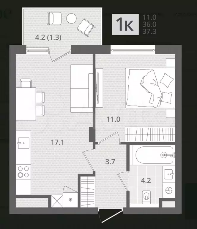 1-к. квартира, 37 м, 7/7 эт. - Фото 1