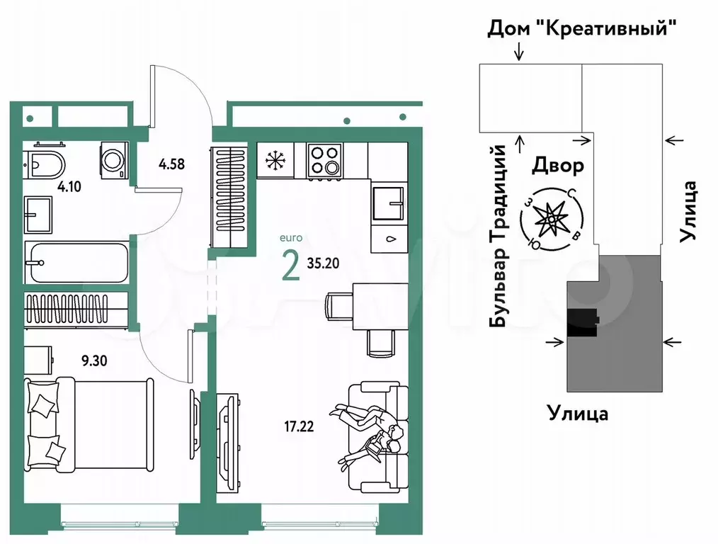 2-к. квартира, 35,2 м, 12/15 эт. - Фото 0