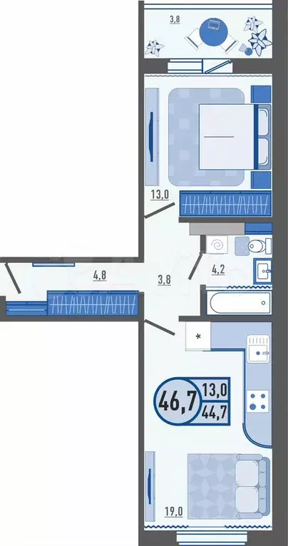 1-к. квартира, 46,7 м, 13/16 эт. - Фото 1
