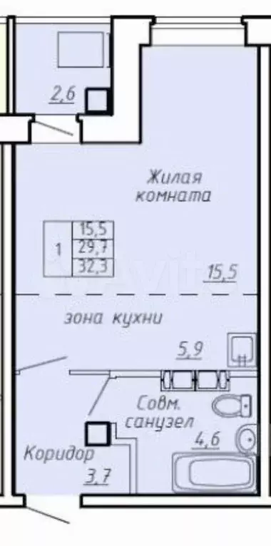 Квартира-студия, 32,3 м, 5/9 эт. - Фото 0