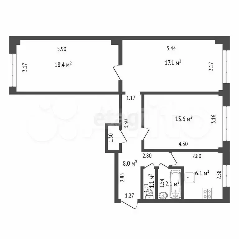 3-к. квартира, 58,8 м, 2/5 эт. - Фото 0