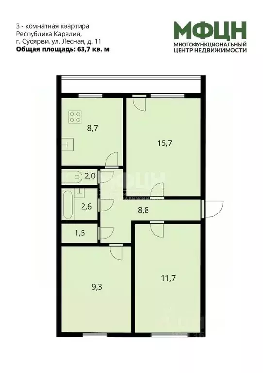 3-к кв. Карелия, Суоярви Лесная ул., 11 (63.7 м) - Фото 2