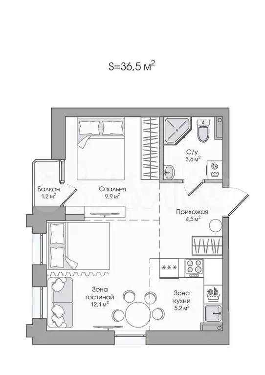 2-к. квартира, 36,5 м, 2/4 эт. - Фото 0