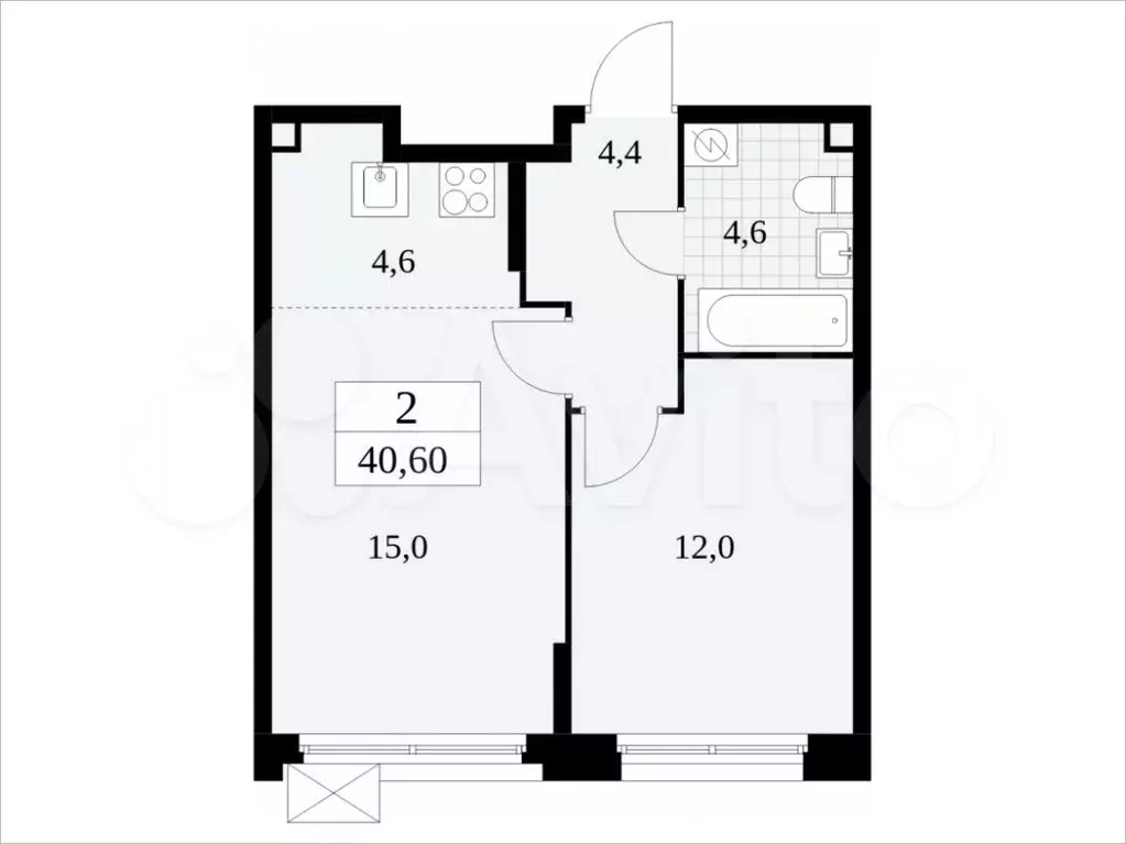 2-к. квартира, 40,6м, 2/14эт. - Фото 1