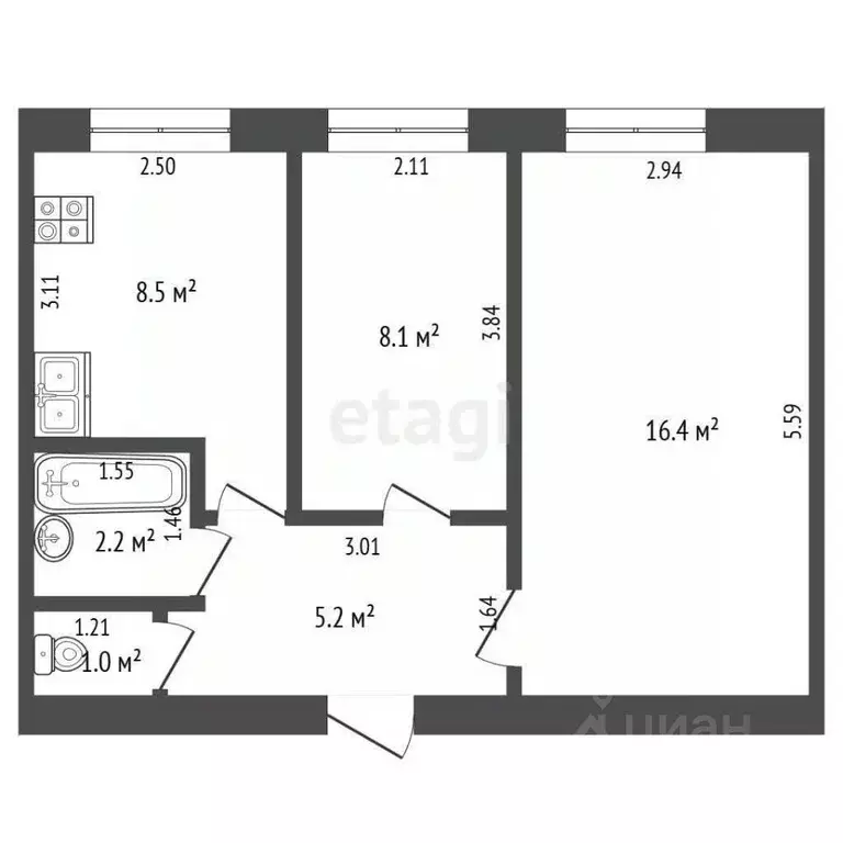 2-к кв. Татарстан, Альметьевск просп. Габдуллы Тукая, 61к1 (41.4 м) - Фото 2