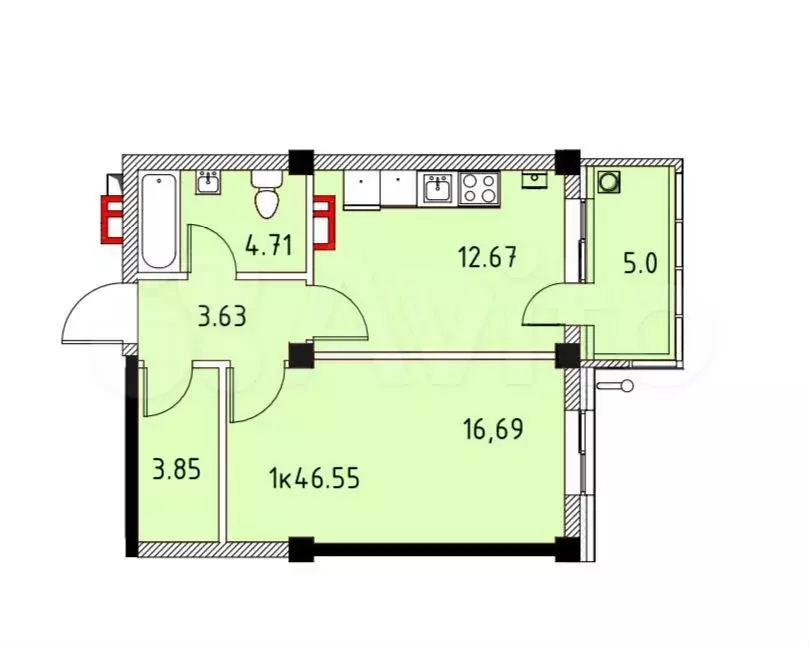 1-к. квартира, 46,5 м, 3/5 эт. - Фото 0