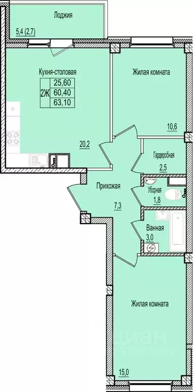 2-к кв. Псковская область, Псков Крестовский жилой комплекс (64.6 м) - Фото 1