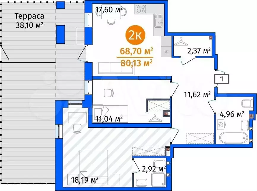 2-к. квартира, 80,1 м, 1/14 эт. - Фото 1