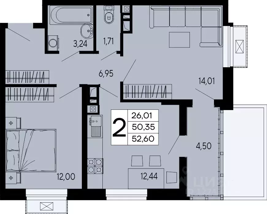 2-к кв. Адыгея, Майкоп 9 Мая ул. (52.6 м) - Фото 1